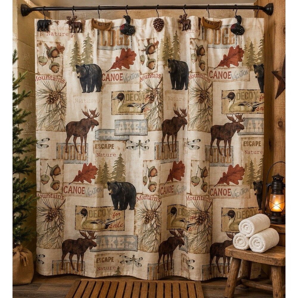 BACOVA Lodge Bear Moose Canoe Shower Curtain 72x72 w Liner & Wildlife Hooks Set